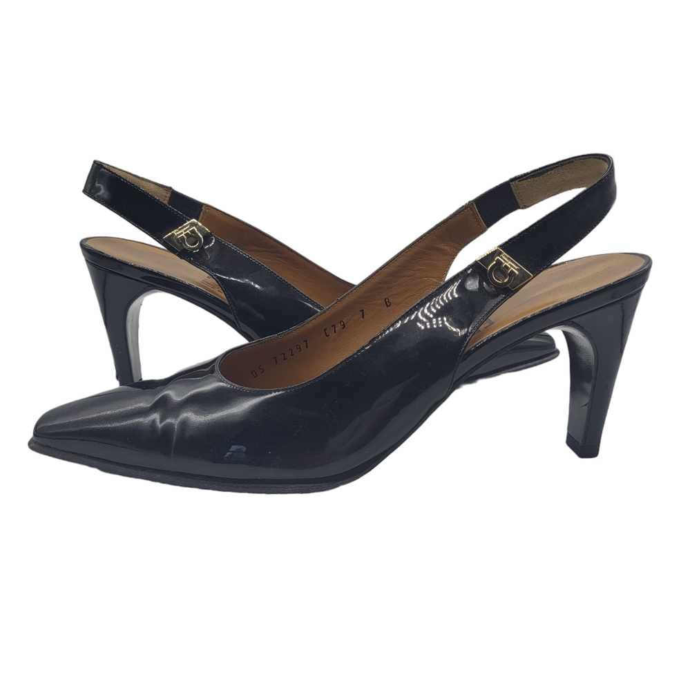 Salvatore Ferragamo Black Patent Leather Slingback Heels